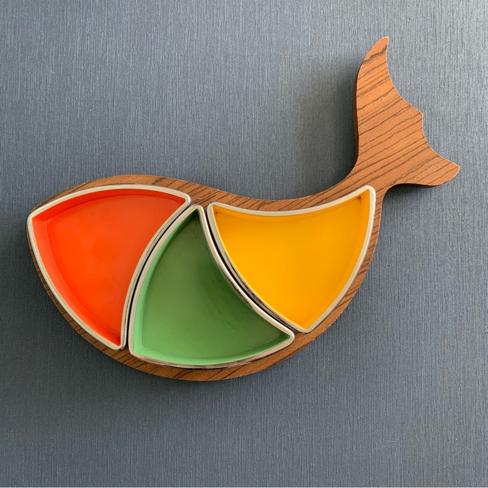 Vintage 1970s Gailstyn Sutton Wood Melamine Rainbow Fish Relish Server